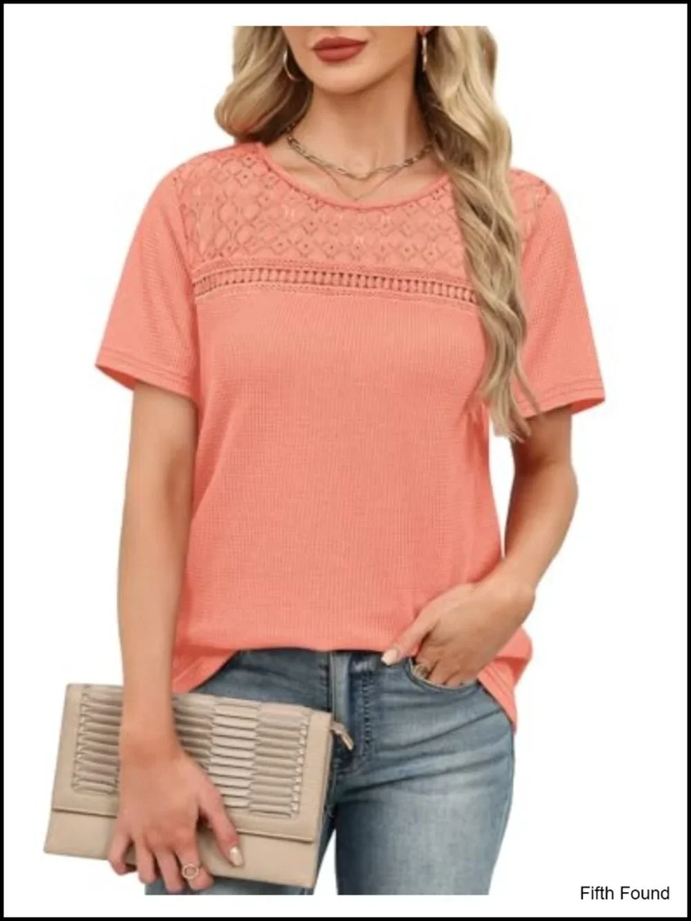 Dressy Casual Short Sleeve Blouse with Crochet Lace Waffle Knit